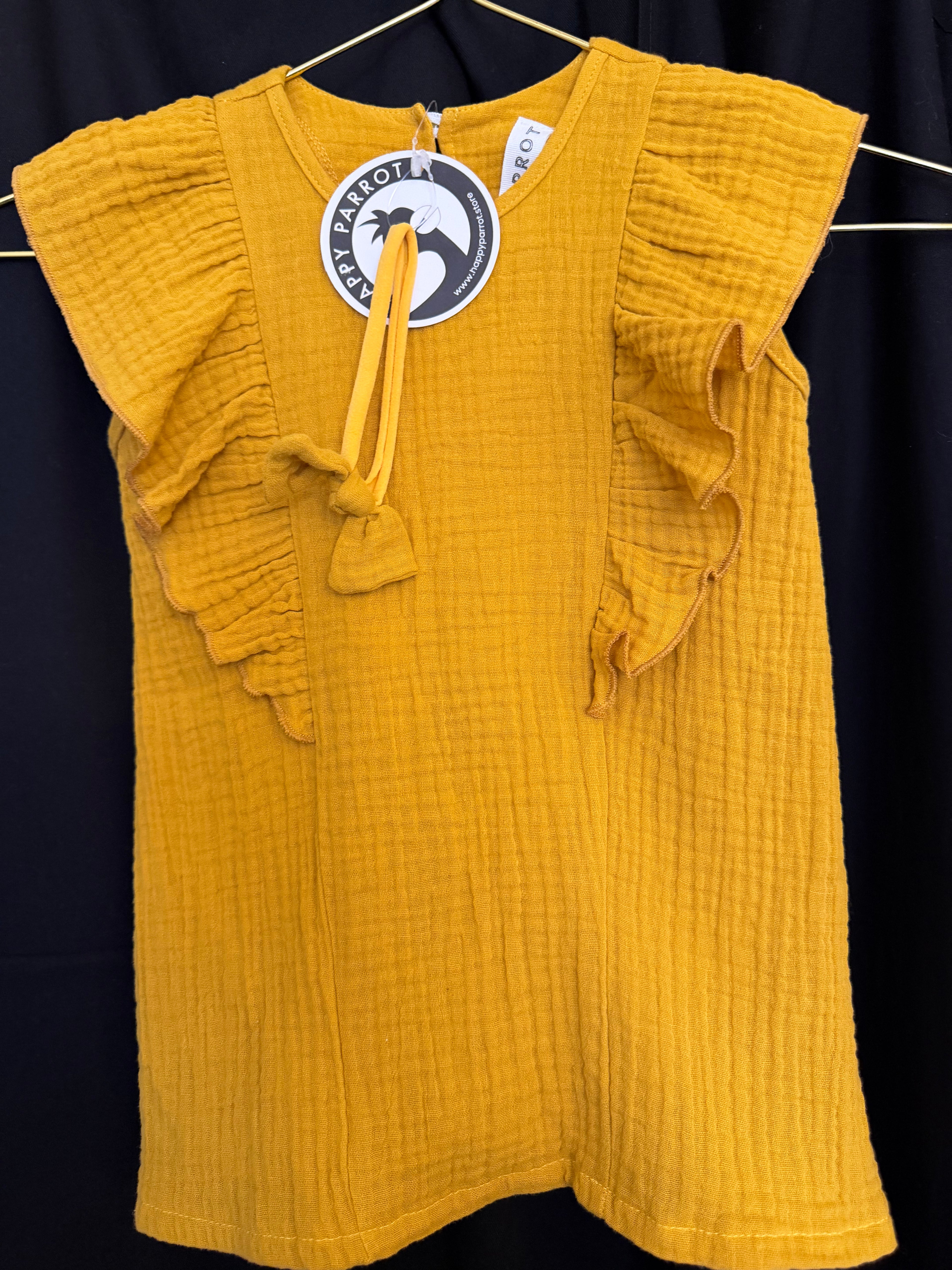 Happy Parrot OUTLET – Luomumusliinimekko & Baby Knot -rusettipanta | Okrankeltainen | 74/80